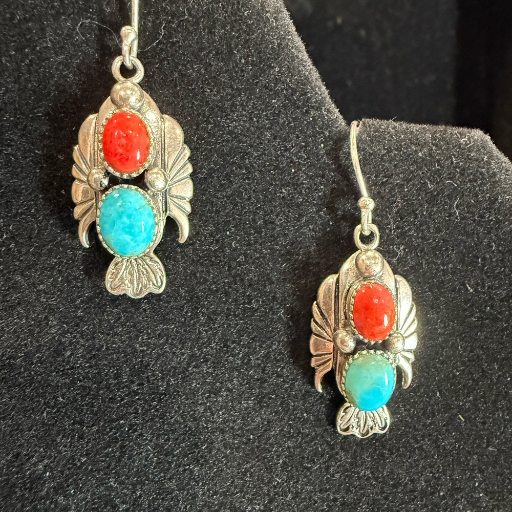 Turquoise and Coral 925 Sterling Silver Earrings